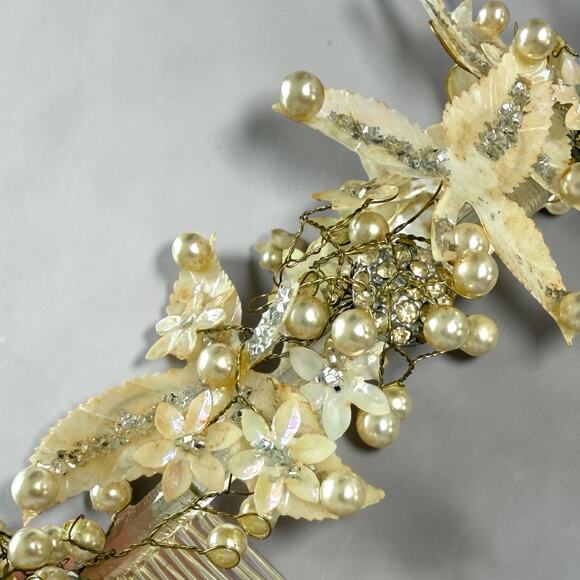 Mid Century Crown Tiara Shell Pearl Floral Headpiece Vintage Wedding MCM Prom main image 12